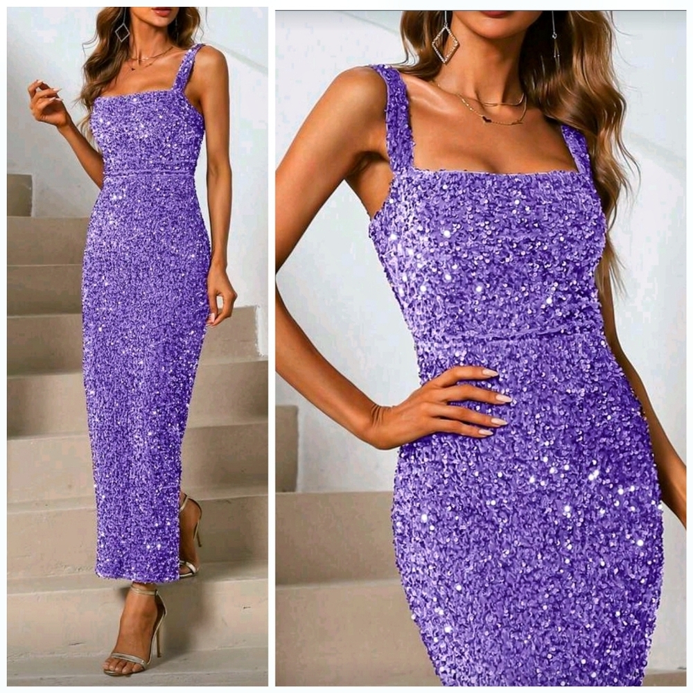 New Glam Sequin Stretch Velvet Long Midi Dress Purple